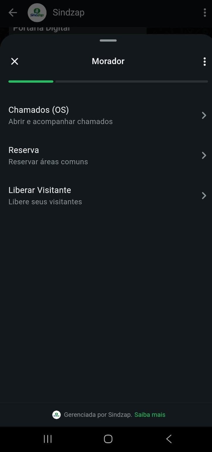 Menu do módulo Morador do SindZap no WhatsApp