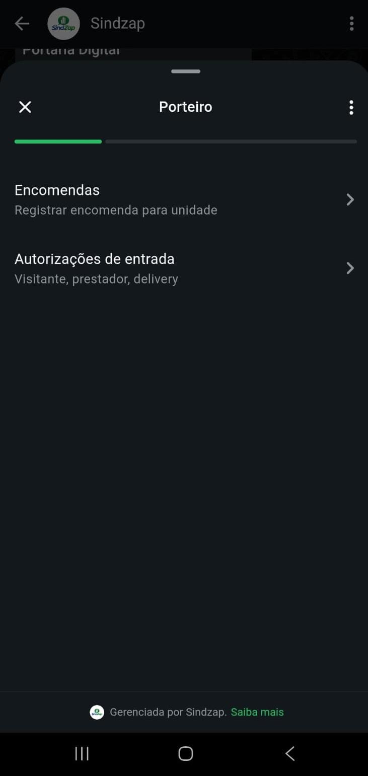 Menu do módulo Porteiro do SindZap no WhatsApp