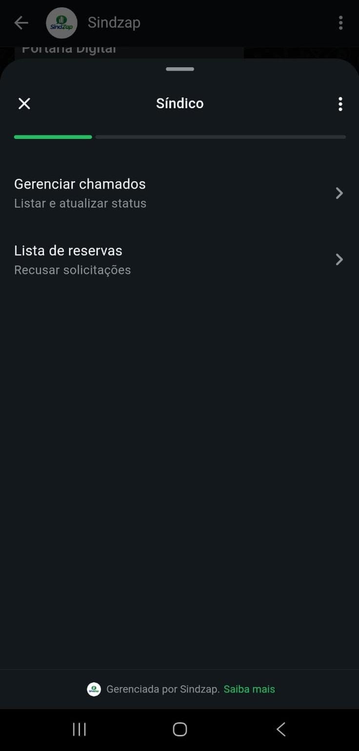 Menu do módulo Síndico do SindZap no WhatsApp